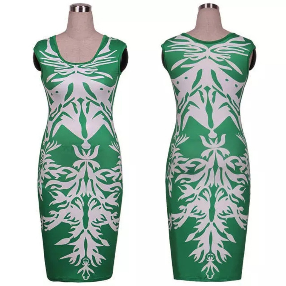 Abstract Green And White Midi Dress
